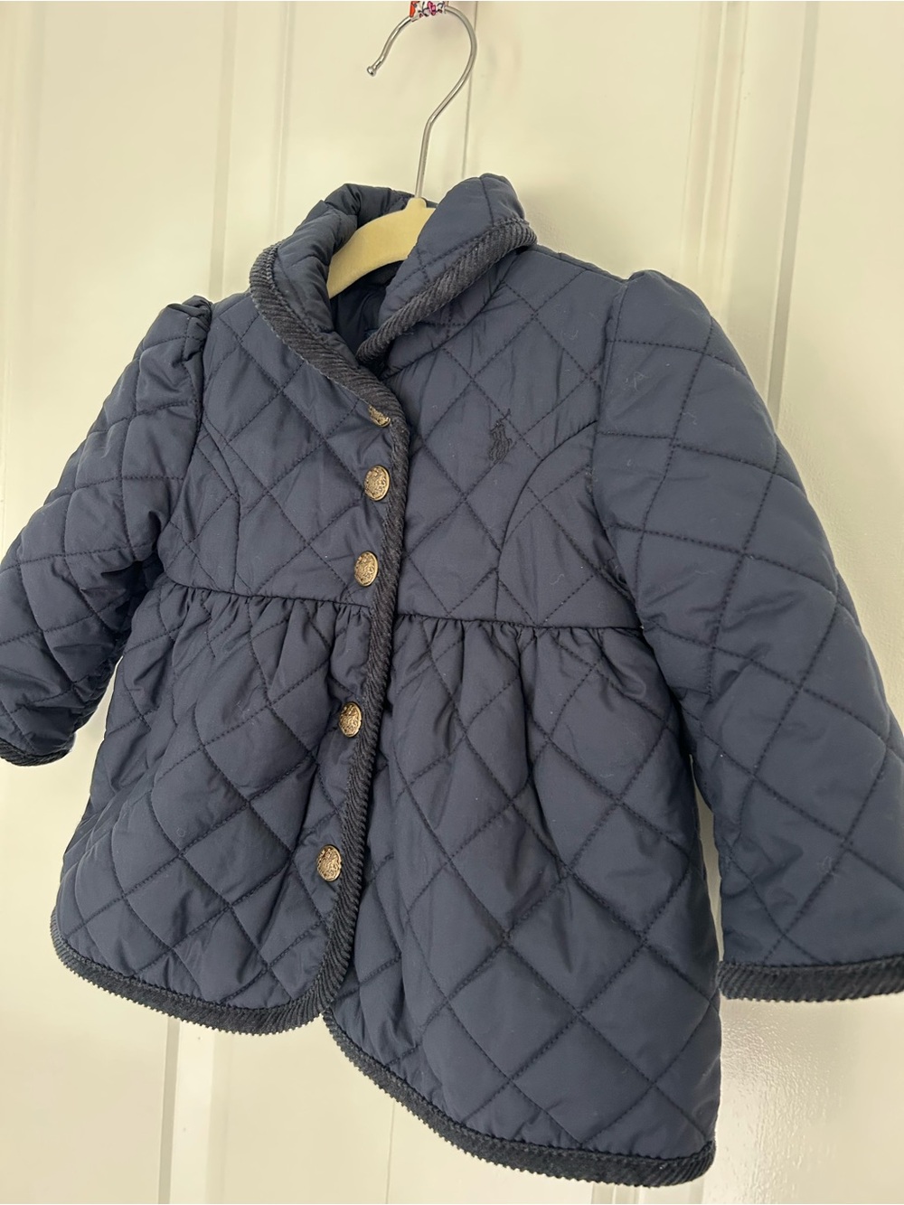 Ralph Lauren girls blue quilted barn coat snap front jacket bow back size 9M